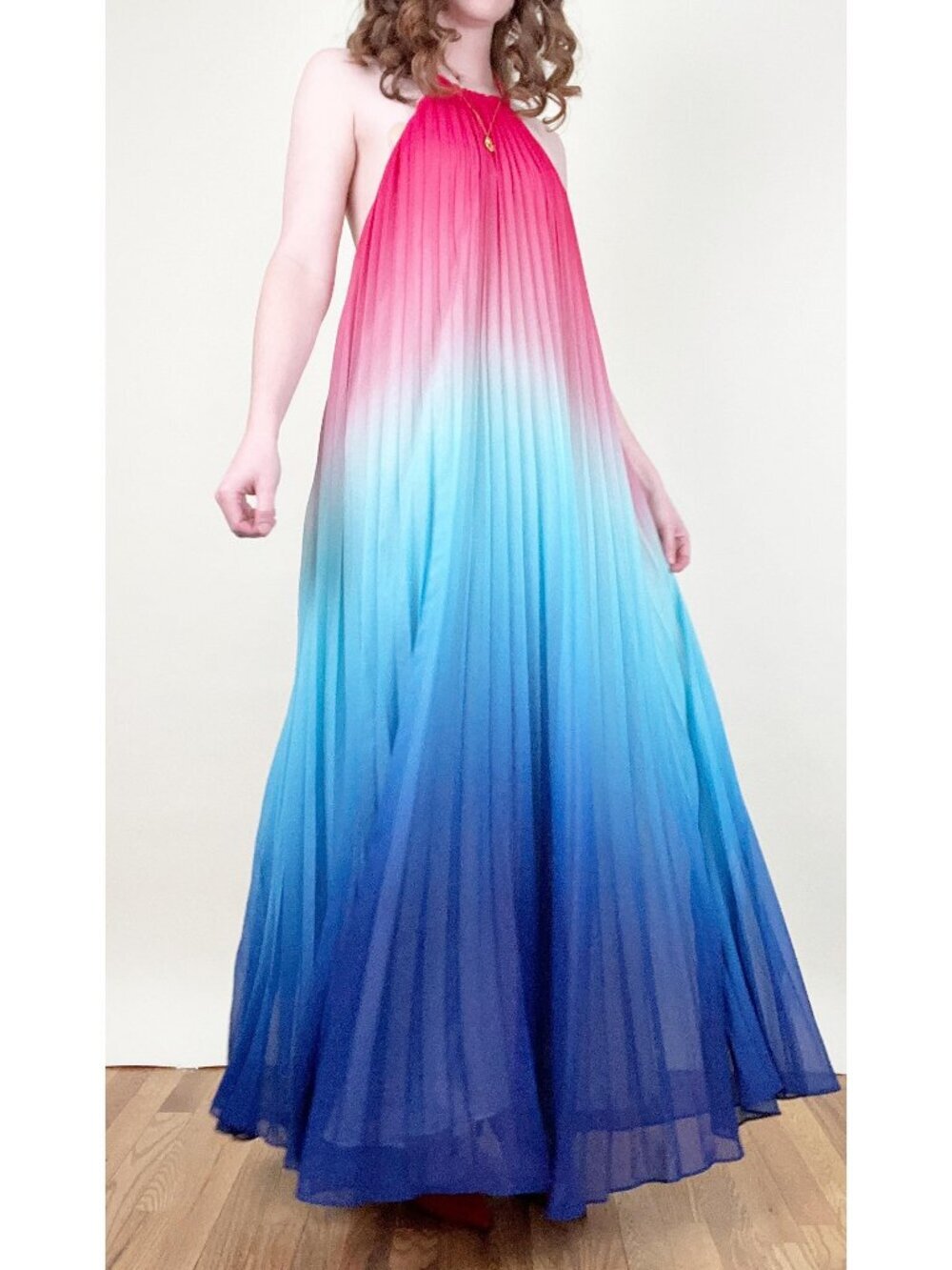 Pleated Ombre Maxi Dress Sundress Summer Wedding Guest Formal Flowy A-line Fancy